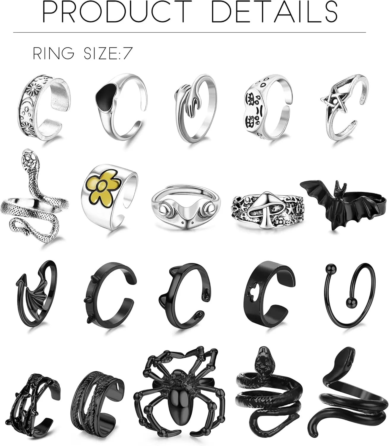 12-24Pcs Vintage Cool Gothic Rings Set for Women Men Multi-Style Y2K Alt Rings Adjustable Chunky Rings Stacking Knuckle Black Rings Snake Hug Finger Rings Hippie Punk Open Rings Halloween for Gift