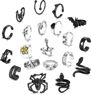 12-24Pcs Vintage Cool Gothic Rings Set for Women Men Multi-Style Y2K Alt Rings Adjustable Chunky Rings Stacking Knuckle Black Rings Snake Hug Finger Rings Hippie Punk Open Rings Halloween for Gift