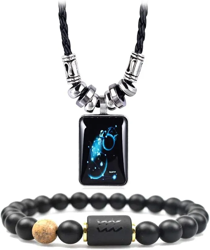 12 Zodiac Constellation Necklace Bracelet for Women Men Natural Stone Crystal Bead Beaded Bracelet Necklace Birthday Gift Constellations Jewelry Set