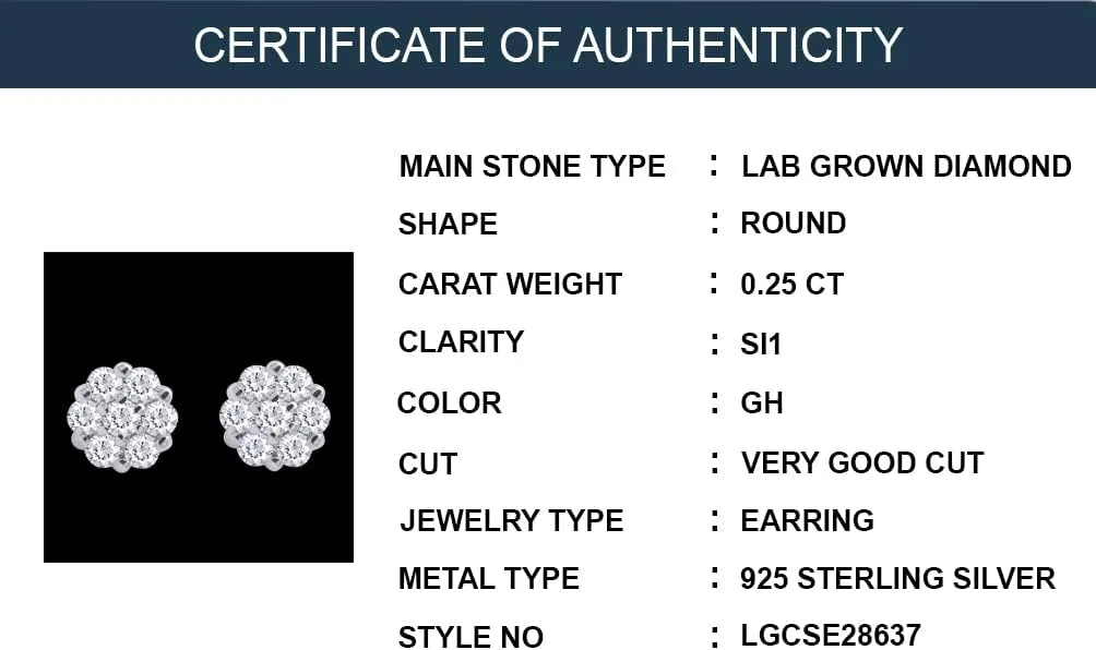 1/4 ct to 1 ct 925 Sterling Silver, Lab Grown Diamond Flower Cluster Stud Earrings Round Shape Push Back Prong - Setting 0.25-1 Cttw, G-H/VS-SI
