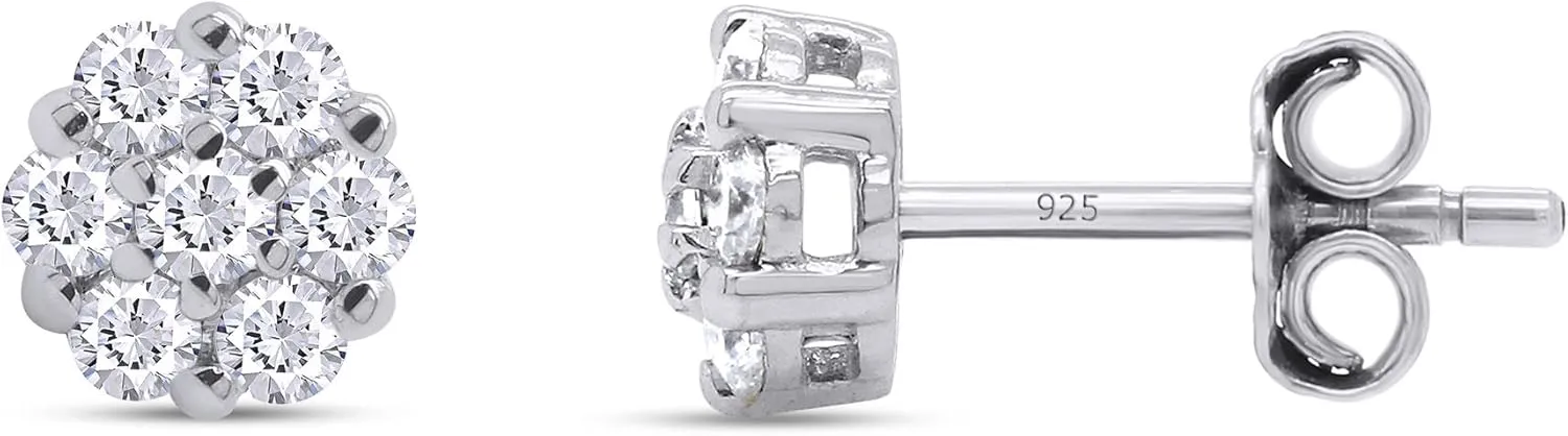 1/4 ct to 1 ct 925 Sterling Silver, Lab Grown Diamond Flower Cluster Stud Earrings Round Shape Push Back Prong - Setting 0.25-1 Cttw, G-H/VS-SI