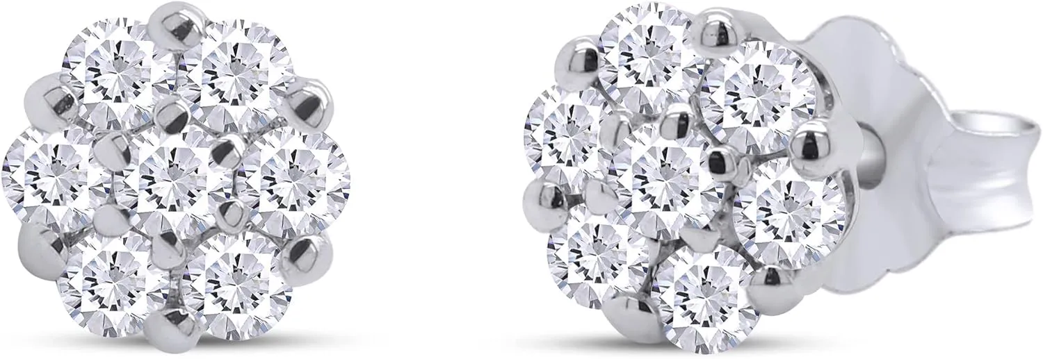 1/4 ct to 1 ct 925 Sterling Silver, Lab Grown Diamond Flower Cluster Stud Earrings Round Shape Push Back Prong - Setting 0.25-1 Cttw, G-H/VS-SI