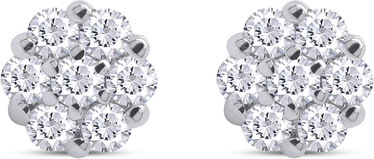 1/4 ct to 1 ct 925 Sterling Silver, Lab Grown Diamond Flower Cluster Stud Earrings Round Shape Push Back Prong - Setting 0.25-1 Cttw, G-H/VS-SI