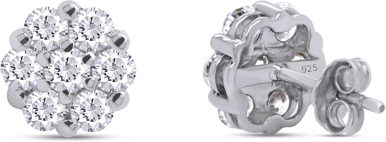 1/4 ct to 1 ct 925 Sterling Silver, Lab Grown Diamond Flower Cluster Stud Earrings Round Shape Push Back Prong - Setting 0.25-1 Cttw, G-H/VS-SI
