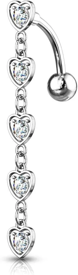 14GA 5 Crystal Set Center Hearts Dangle Top Drop Belly Button Navel Ring 316L Surgical Steel (Choose Color)