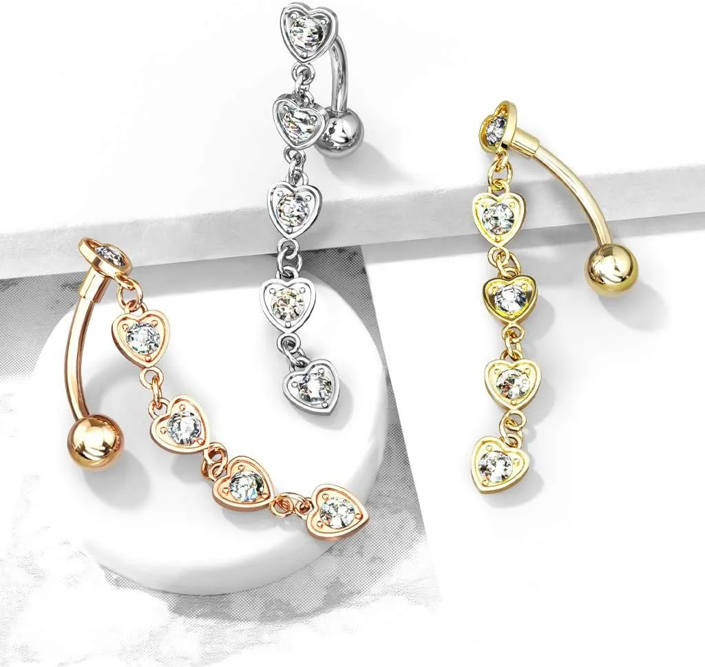 14GA 5 Crystal Set Center Hearts Dangle Top Drop Belly Button Navel Ring 316L Surgical Steel (Choose Color)