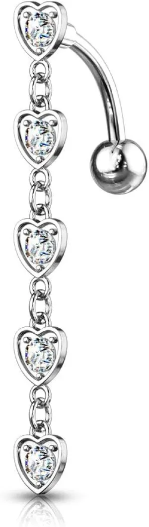 14GA 5 Crystal Set Center Hearts Dangle Top Drop Belly Button Navel Ring 316L Surgical Steel (Choose Color)