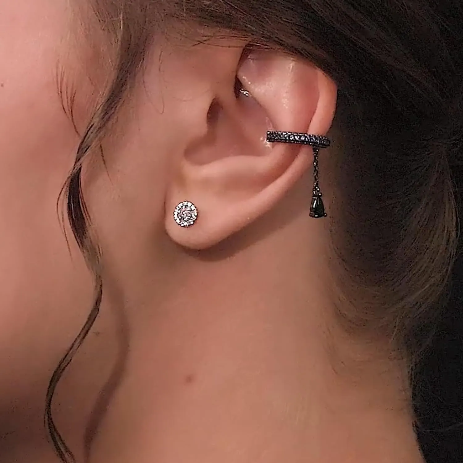 14K Gold Amethyst Ear Cuff with Pear Black Diamond(0.10ct.) Dangle  No Piercing Chain Hoop Cartilage Wrap Earring, Elegant Gift for Her.
