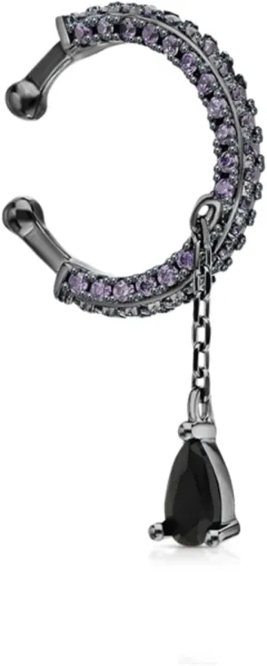 14K Gold Amethyst Ear Cuff with Pear Black Diamond(0.10ct.) Dangle  No Piercing Chain Hoop Cartilage Wrap Earring, Elegant Gift for Her.