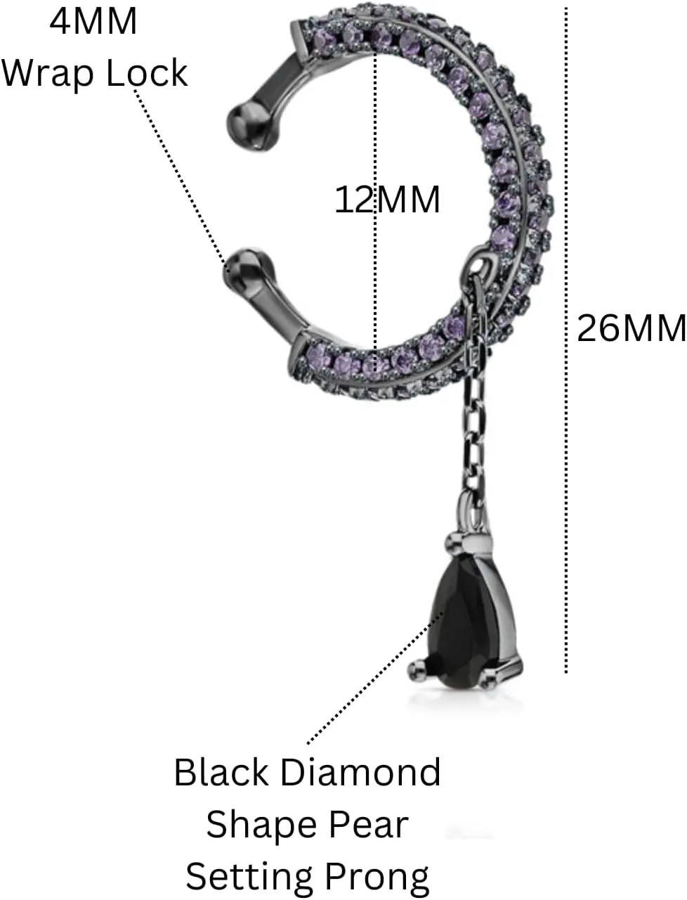 14K Gold Amethyst Ear Cuff with Pear Black Diamond(0.10ct.) Dangle  No Piercing Chain Hoop Cartilage Wrap Earring, Elegant Gift for Her.