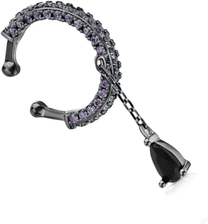 14K Gold Amethyst Ear Cuff with Pear Black Diamond(0.10ct.) Dangle  No Piercing Chain Hoop Cartilage Wrap Earring, Elegant Gift for Her.