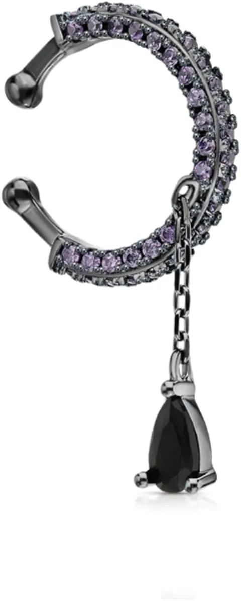 14K Gold Amethyst Ear Cuff with Pear Black Diamond(0.10ct.) Dangle  No Piercing Chain Hoop Cartilage Wrap Earring, Elegant Gift for Her.