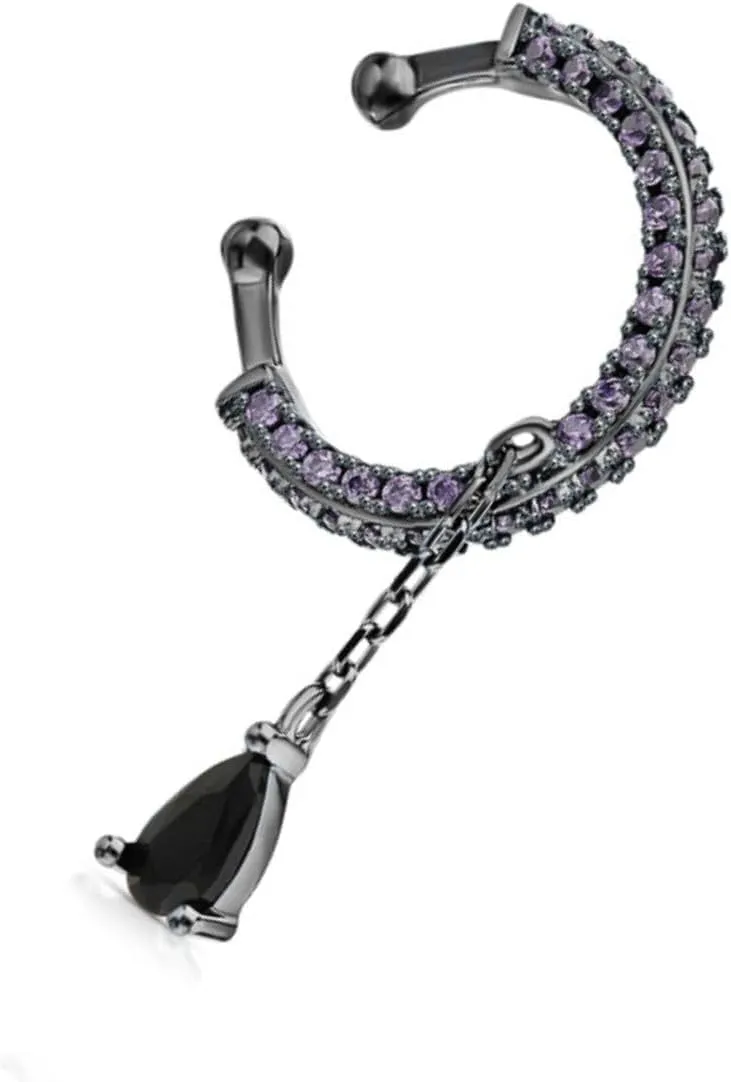 14K Gold Amethyst Ear Cuff with Pear Black Diamond(0.10ct.) Dangle  No Piercing Chain Hoop Cartilage Wrap Earring, Elegant Gift for Her.