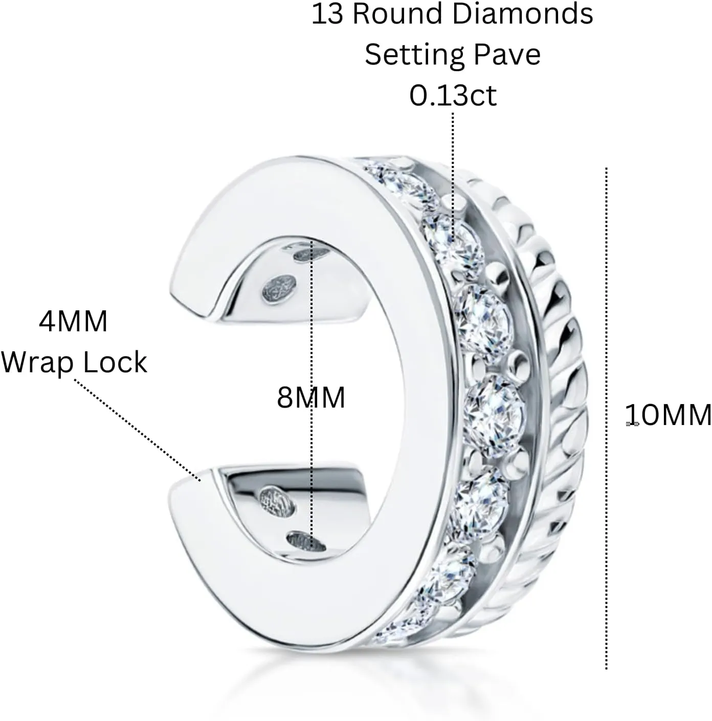 14k Gold Diamond(0.13ct) Ear Cuff, Double Row Conch Earring, Non-Pierced Single Cuff, Elegant Jewelry Gift for Her.