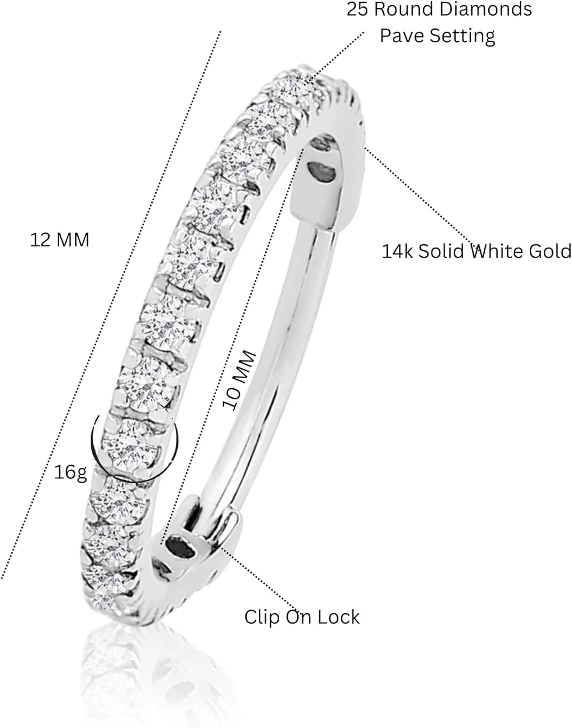 14K Gold Shine Hoop, Daith Piercing, Septum Conch Ring, Ear Clicker, Diamond (0.16ct) Cartilage Tragus Hoop, Nose Ring, Gift For Her