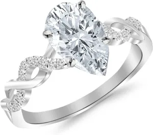 14K White Gold 0.88 Carat LAB GROWN DIAMOND Twisting Infinity Gold and Diamond Split Shank Pave Set Pear Cut Diamond Engagement Ring (E-F Color VS2-SI1 Clarity 0.75 Ct Center)