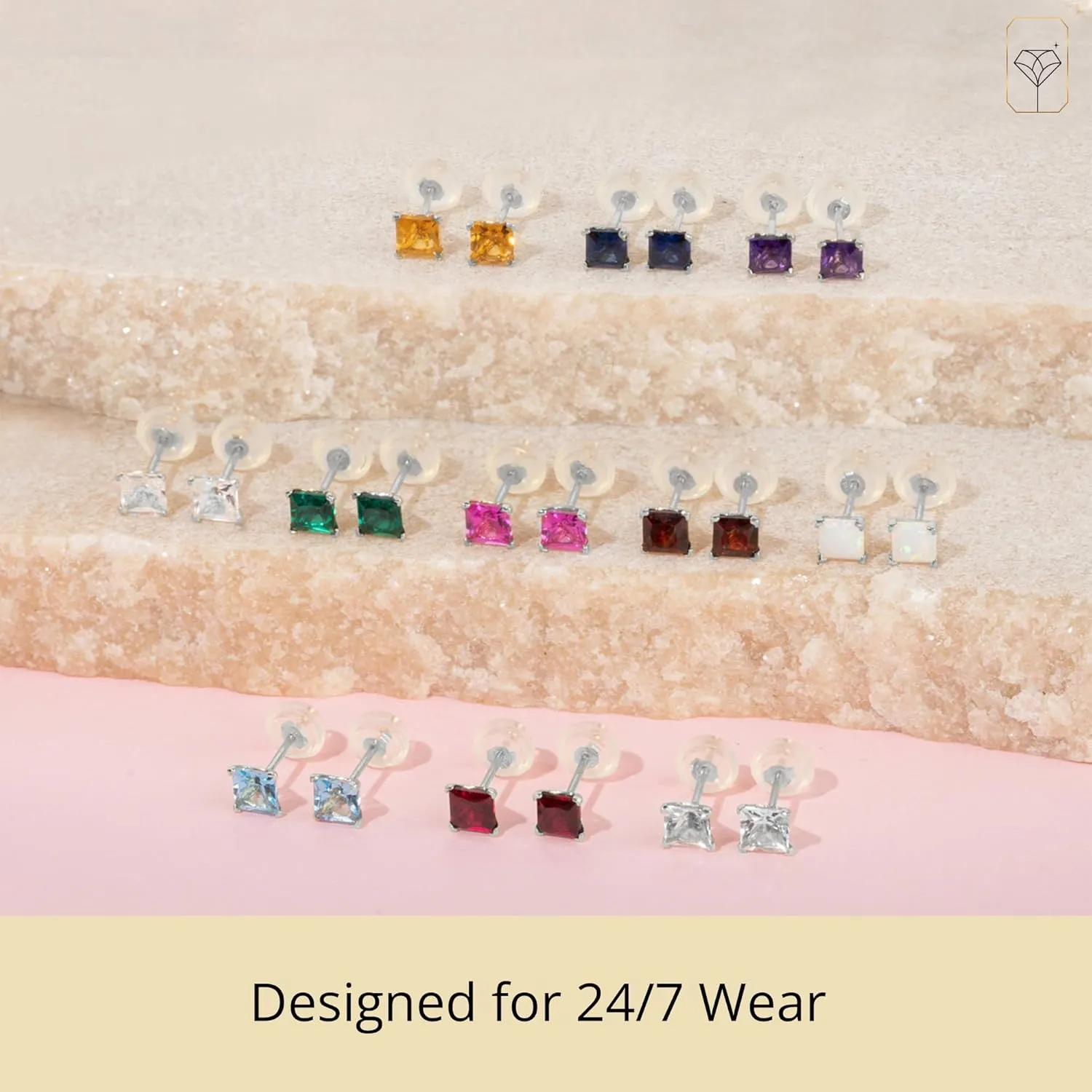 14k White or Yellow Gold Square Stud Earrings for Women with Princess Cut Gemstone 4 mm Birthstone and Push Backs by MAX   STONE