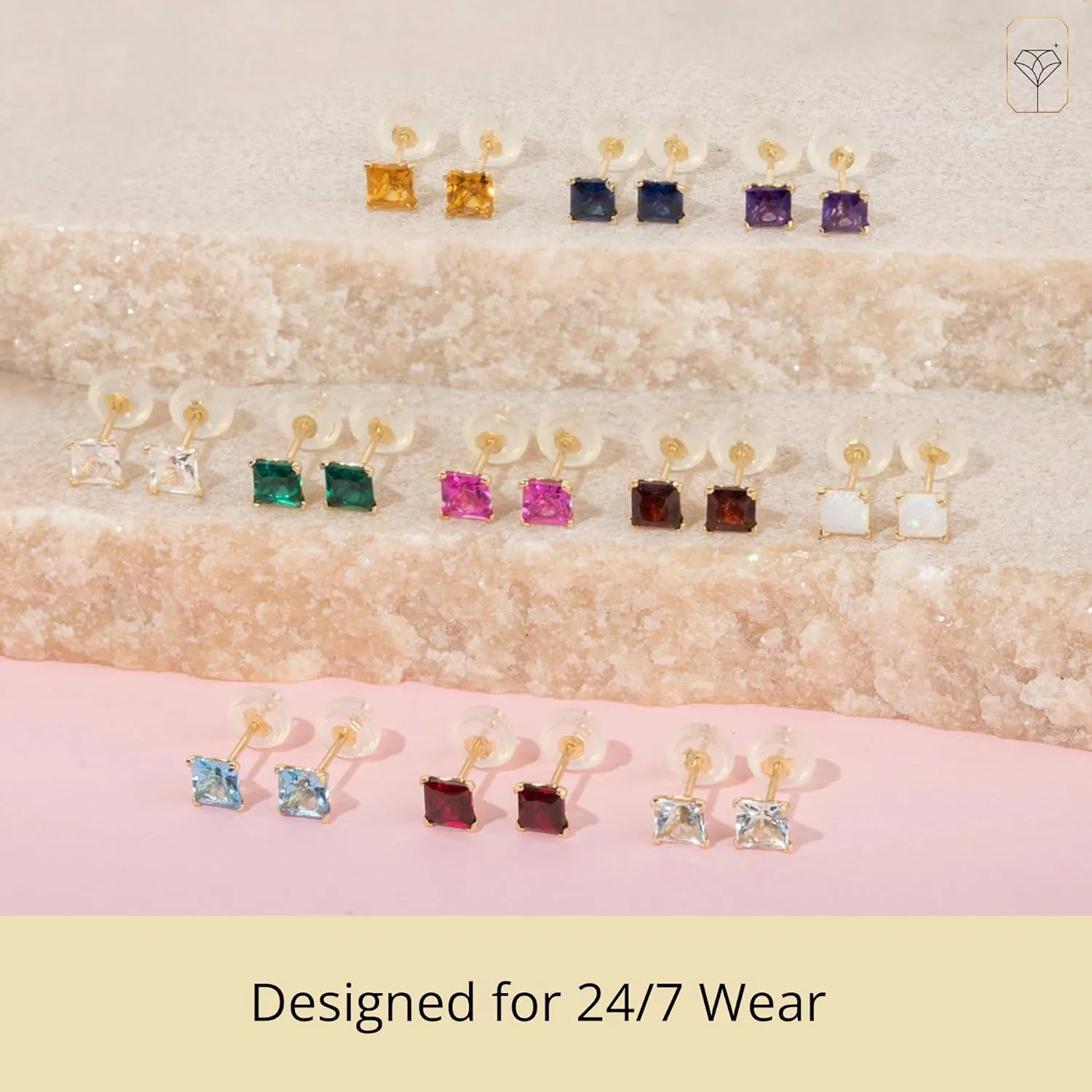 14k White or Yellow Gold Square Stud Earrings for Women with Princess Cut Gemstone 4 mm Birthstone and Push Backs by MAX   STONE