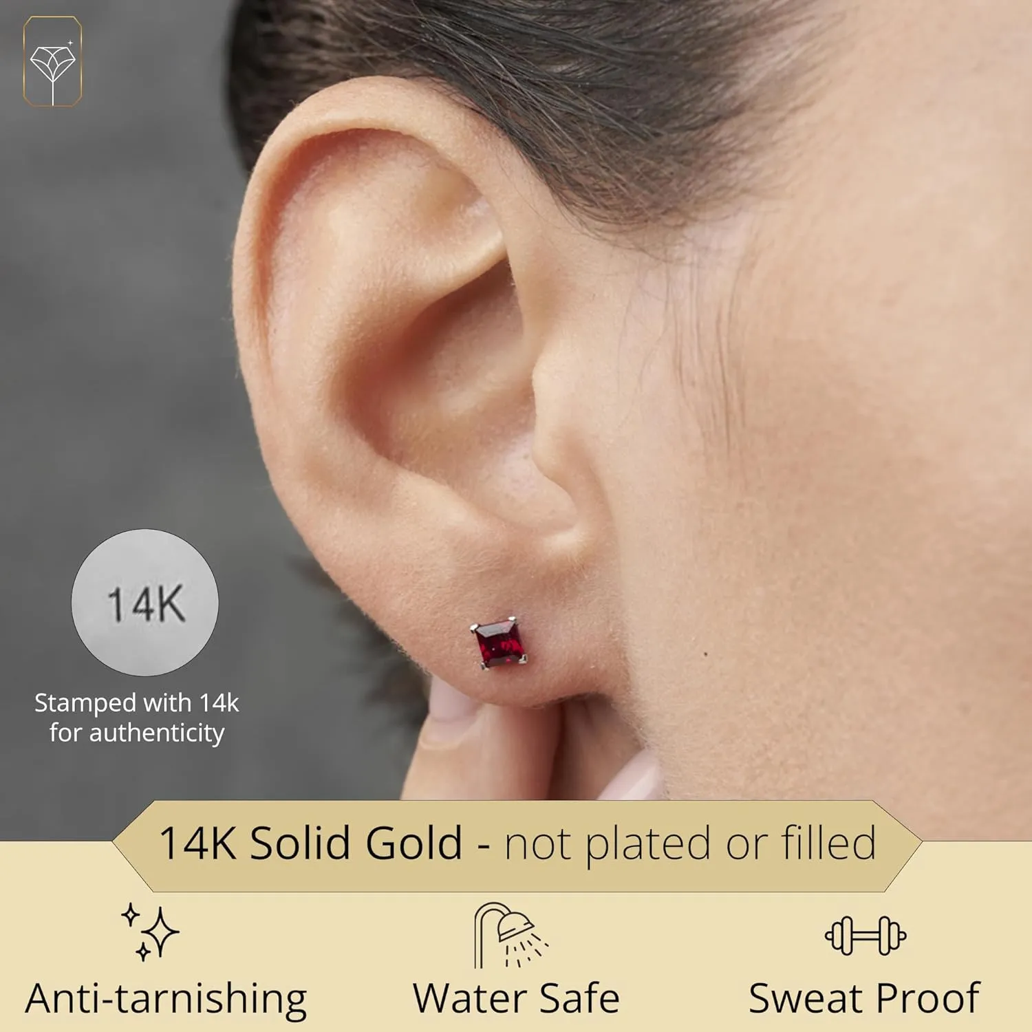 14k White or Yellow Gold Square Stud Earrings for Women with Princess Cut Gemstone 4 mm Birthstone and Push Backs by MAX   STONE