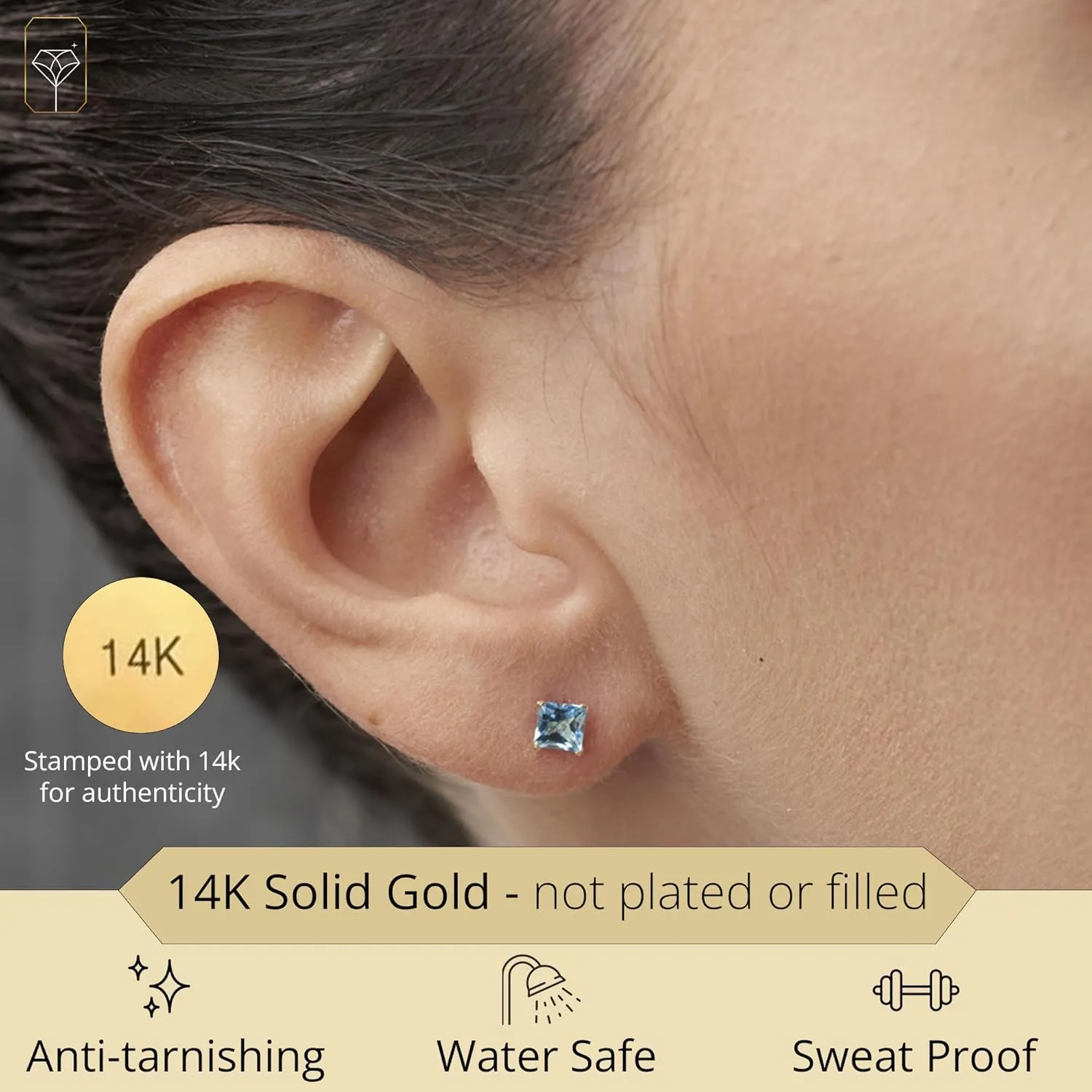 14k White or Yellow Gold Square Stud Earrings for Women with Princess Cut Gemstone 4 mm Birthstone and Push Backs by MAX   STONE