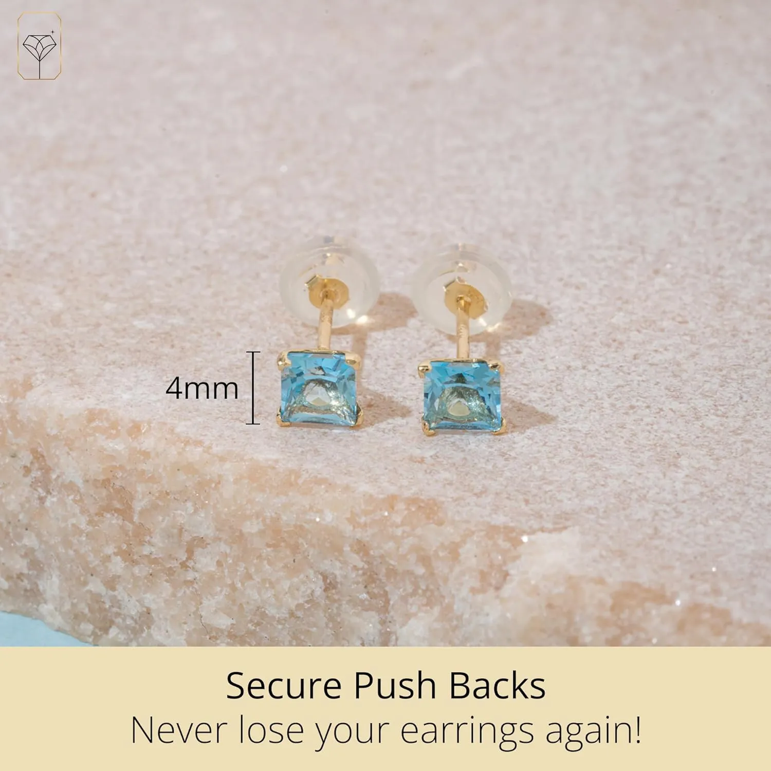 14k White or Yellow Gold Square Stud Earrings for Women with Princess Cut Gemstone 4 mm Birthstone and Push Backs by MAX   STONE