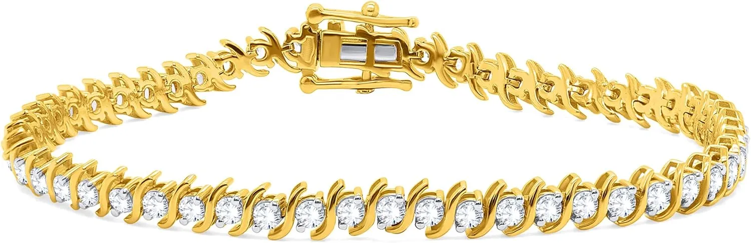 14K Yellow Gold Round Diamond S-Link Tennis Bracelet For Women (3.08 Ct), 7-Inch