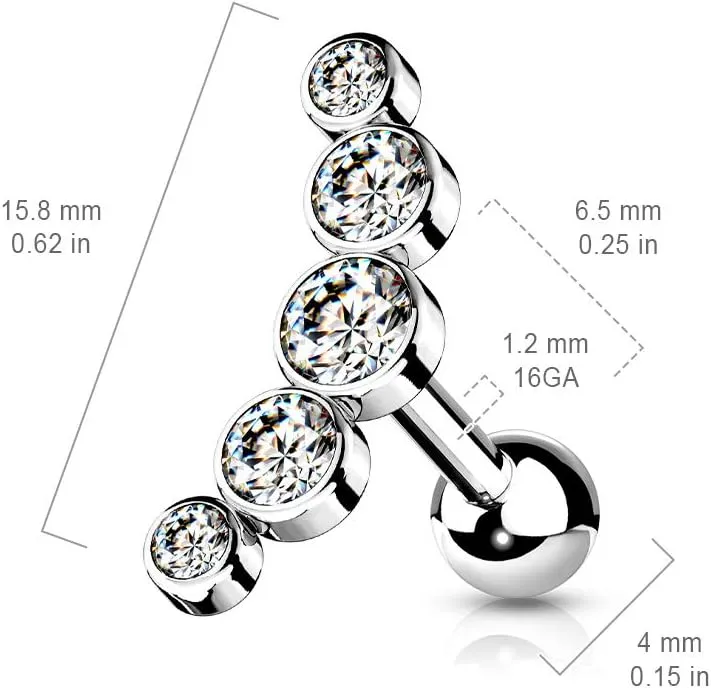 16 Gauge 5-Round Gem Set Curve Top 316L Surgical Steel Cartilage Barbell Studs