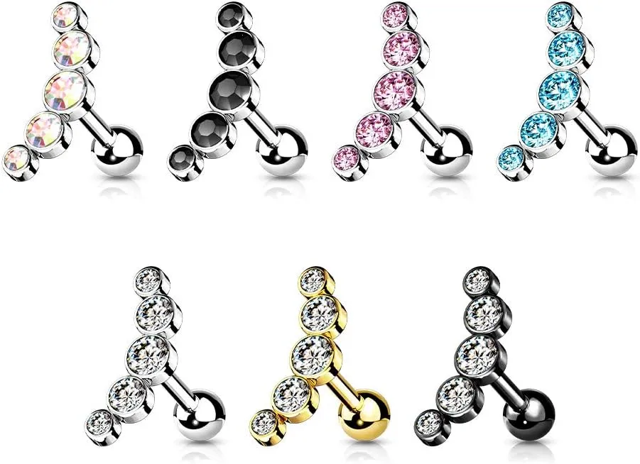 16 Gauge 5-Round Gem Set Curve Top 316L Surgical Steel Cartilage Barbell Studs
