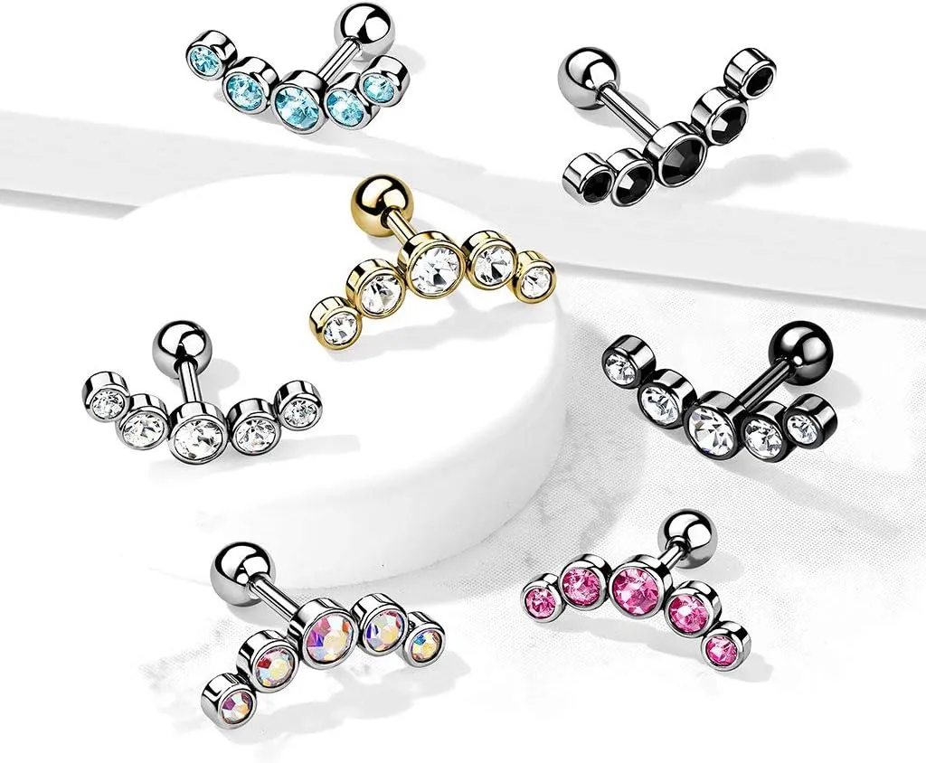 16 Gauge 5-Round Gem Set Curve Top 316L Surgical Steel Cartilage Barbell Studs