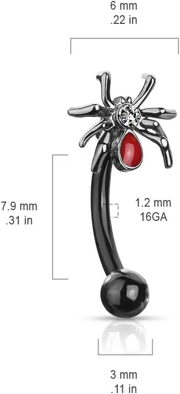 16 Gauge Crystal Set Red Spider Curved Barbell/Eyebrow Ring 316L Surgical Stainelss Steel Externally Threaded At The Ball (Choose Color)