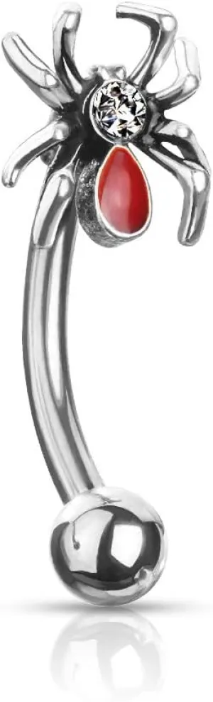 16 Gauge Crystal Set Red Spider Curved Barbell/Eyebrow Ring 316L Surgical Stainelss Steel Externally Threaded At The Ball (Choose Color)