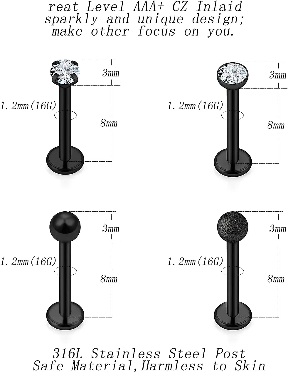16G Lip Rings for Women Stainless Steel Lip Rings Studs Medusa Labret Monroe Piercing Jewelry Tragus Helix Cartilage Forward Earrings Piercing Jewelry for Men 3mm CZ Diamonds Lip Ring 8 Pairs