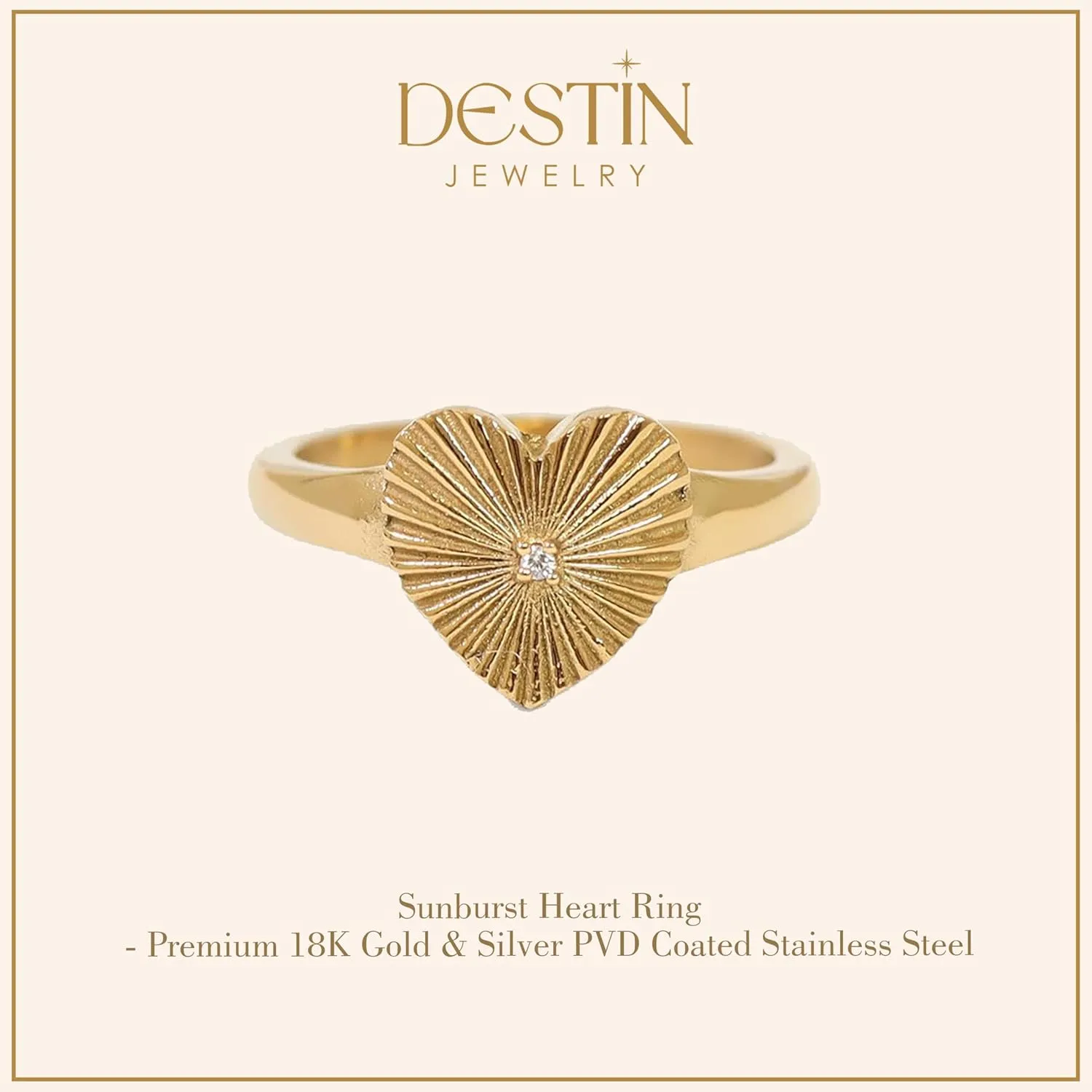 18K Gold Surgical Stainless Steel Waterproof Sunburst Heart Ring with Cubic Zirconia - Sizes 5-9