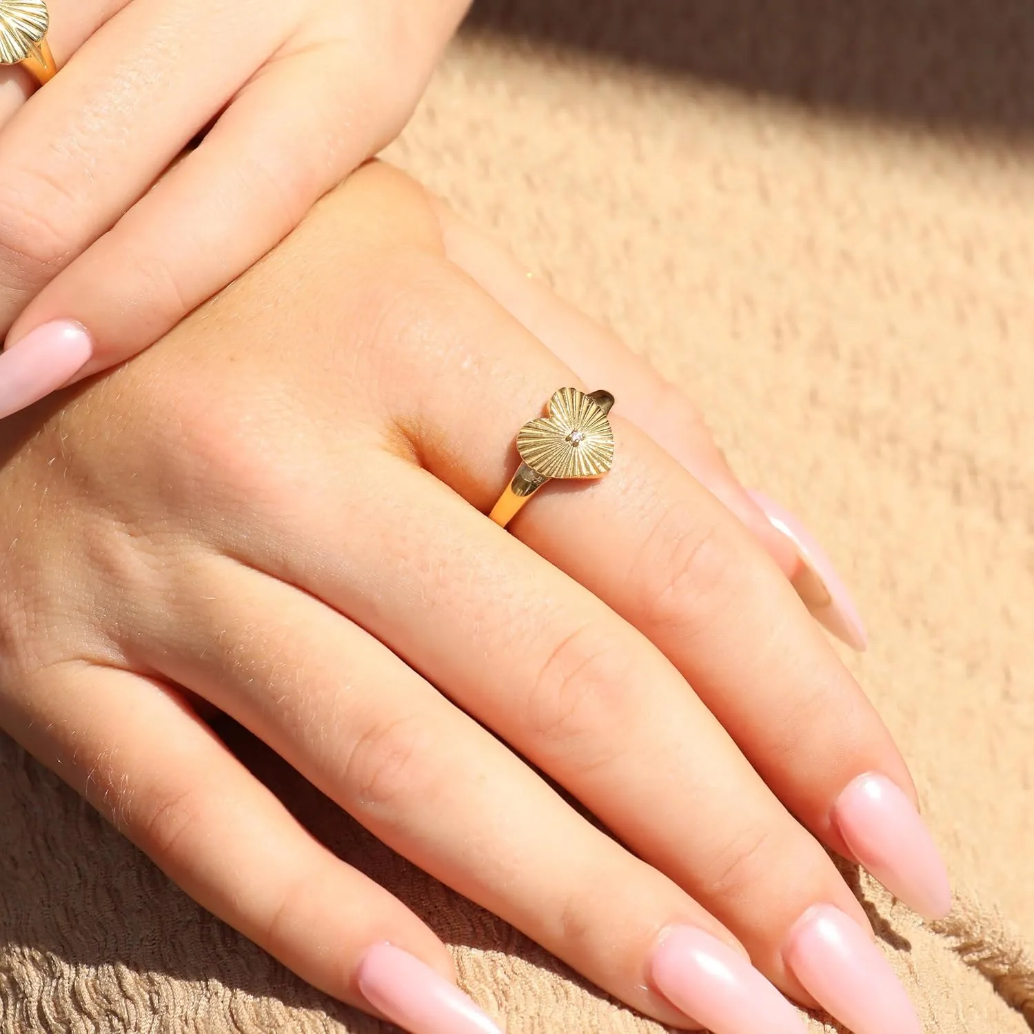 18K Gold Surgical Stainless Steel Waterproof Sunburst Heart Ring with Cubic Zirconia - Sizes 5-9