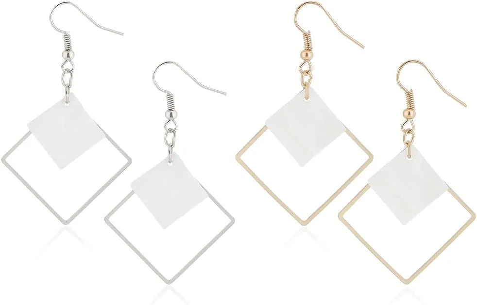 2 Pairs Geometric Drop Dangle Earrings Stainless Steel Square Hook Earrings Acrylic Square Earrings White Gold Metal Geometric Statement Earrings Wedding Earrings for Women with Box