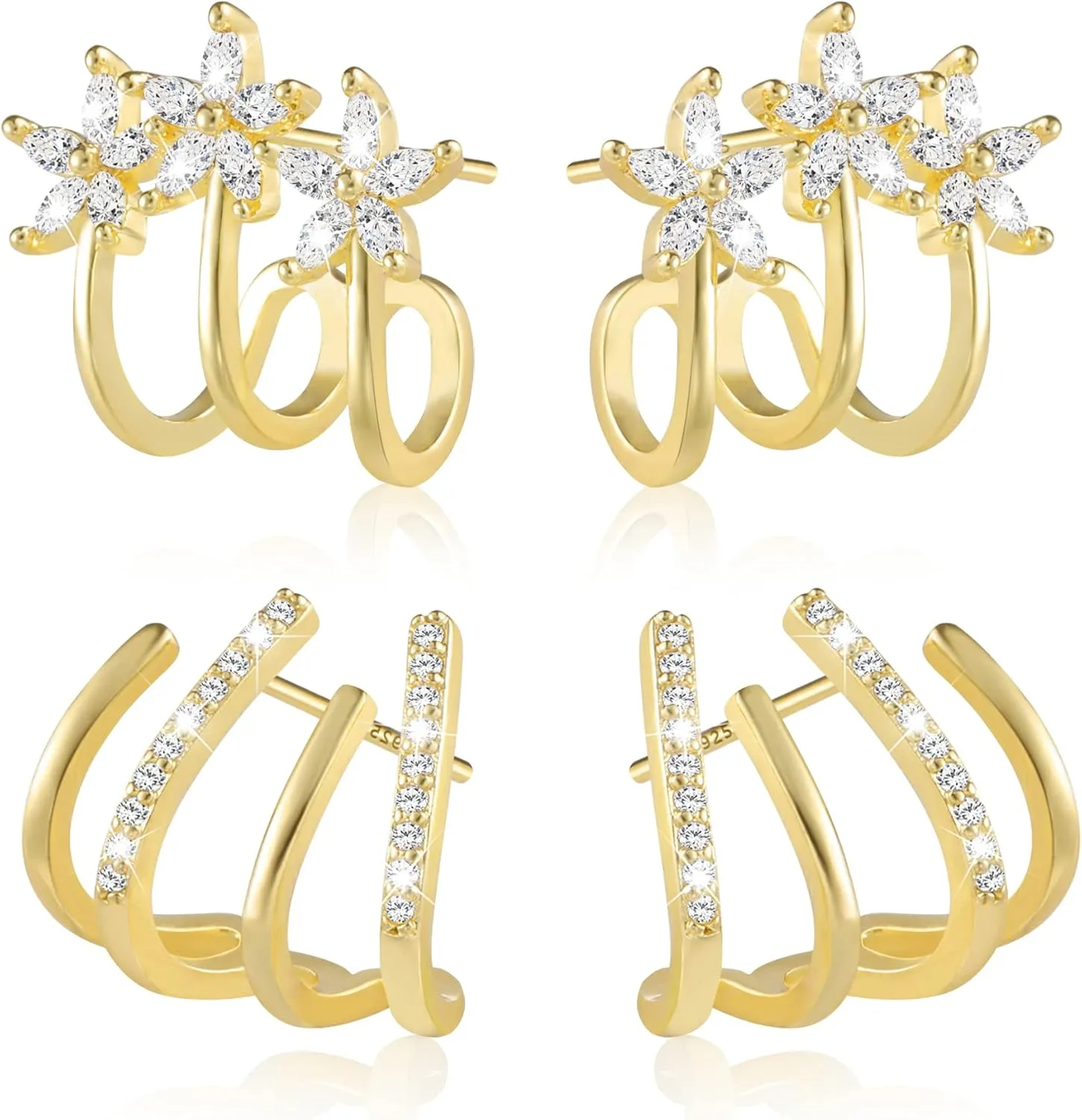 2 Pairs Gold Twist Wrap Spiral Earrings Claw Hoop Earrings Hypoallergenic Cubic Zirconia Cuff Earrings Lightweight Studs Earring Rhinestone Earrings