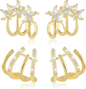 2 Pairs Gold Twist Wrap Spiral Earrings Claw Hoop Earrings Hypoallergenic Cubic Zirconia Cuff Earrings Lightweight Studs Earring Rhinestone Earrings
