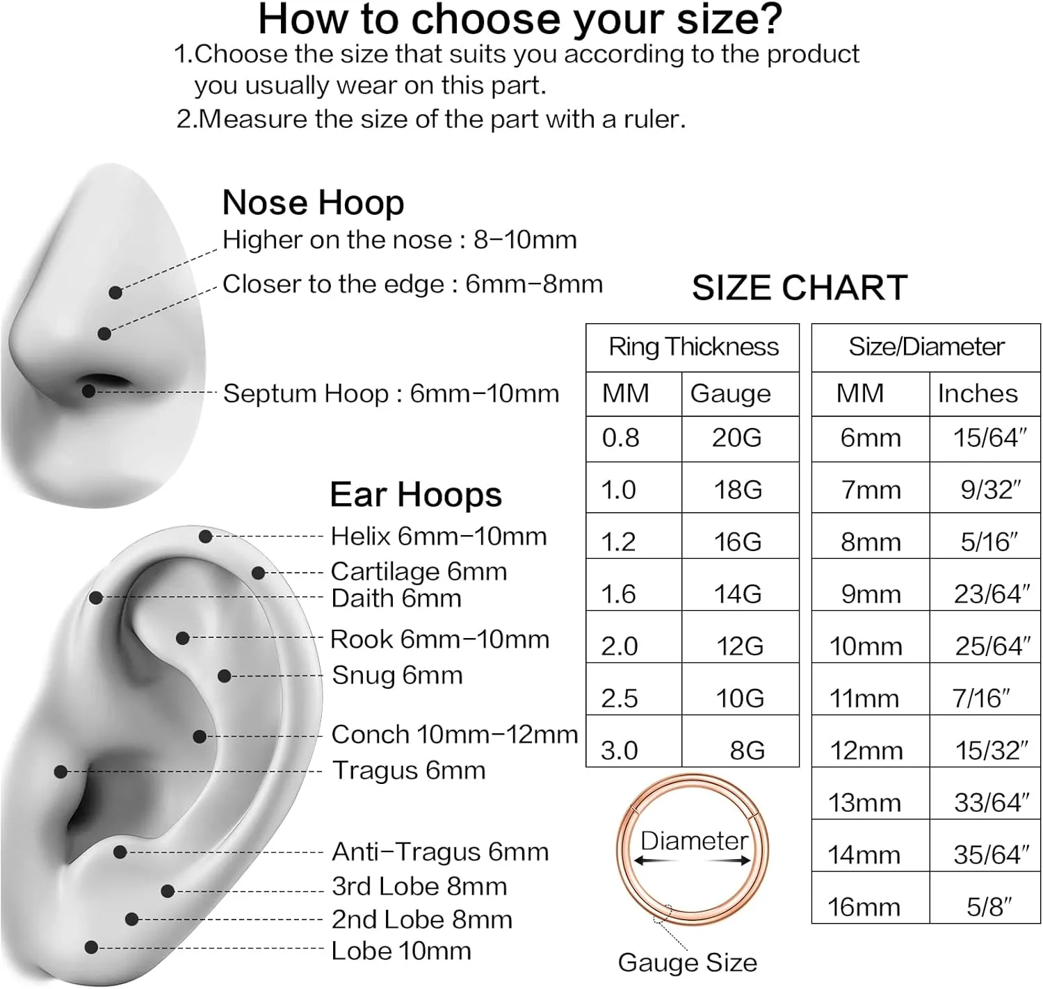 2 Pcs Nose Rings Hoops Surgical Steel 14G 16G 18G 20G Septum Rings Helix Conch Hoop Gold Silver Black Body Piercing Jewelry for Women
