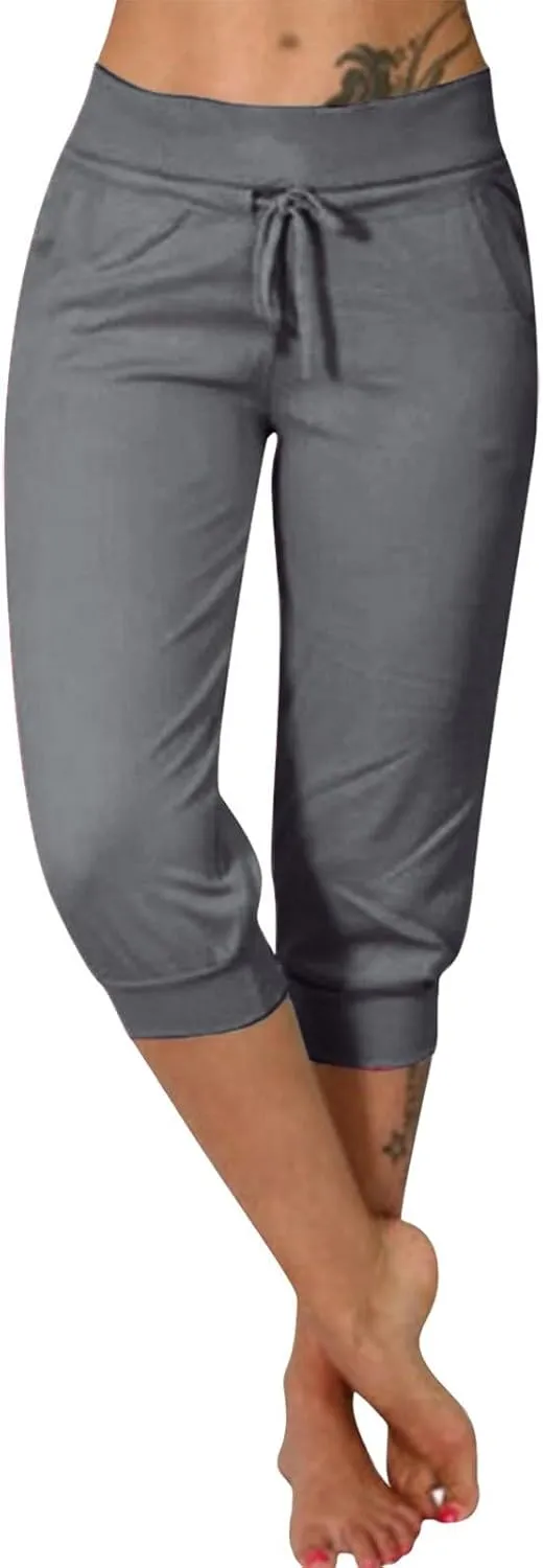 2024 Women's Soft Stretch Yoga Pants Summer Cotton Linen Capris Drawstring Workout Sweatpants Causal Lounge Pants Trousers