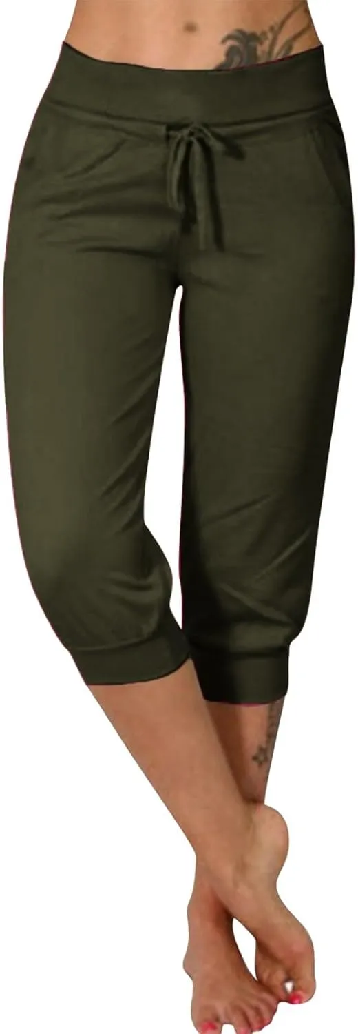 2024 Women's Soft Stretch Yoga Pants Summer Cotton Linen Capris Drawstring Workout Sweatpants Causal Lounge Pants Trousers