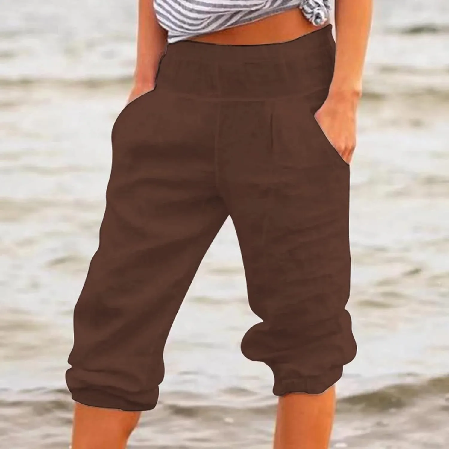 2024 Women's Soft Stretch Yoga Pants Summer Cotton Linen Capris Drawstring Workout Sweatpants Causal Lounge Pants Trousers