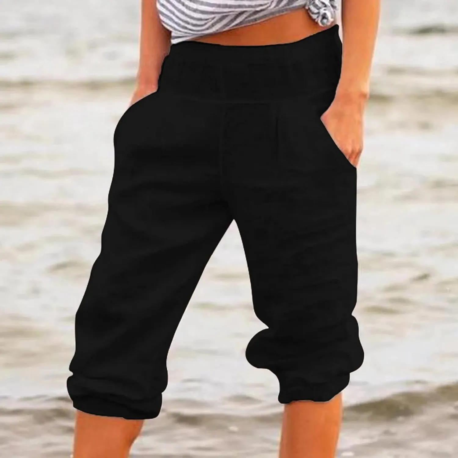 2024 Women's Soft Stretch Yoga Pants Summer Cotton Linen Capris Drawstring Workout Sweatpants Causal Lounge Pants Trousers