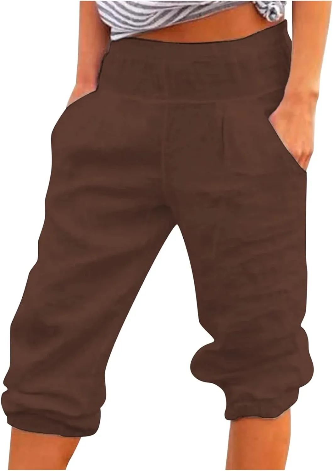 2024 Women's Soft Stretch Yoga Pants Summer Cotton Linen Capris Drawstring Workout Sweatpants Causal Lounge Pants Trousers