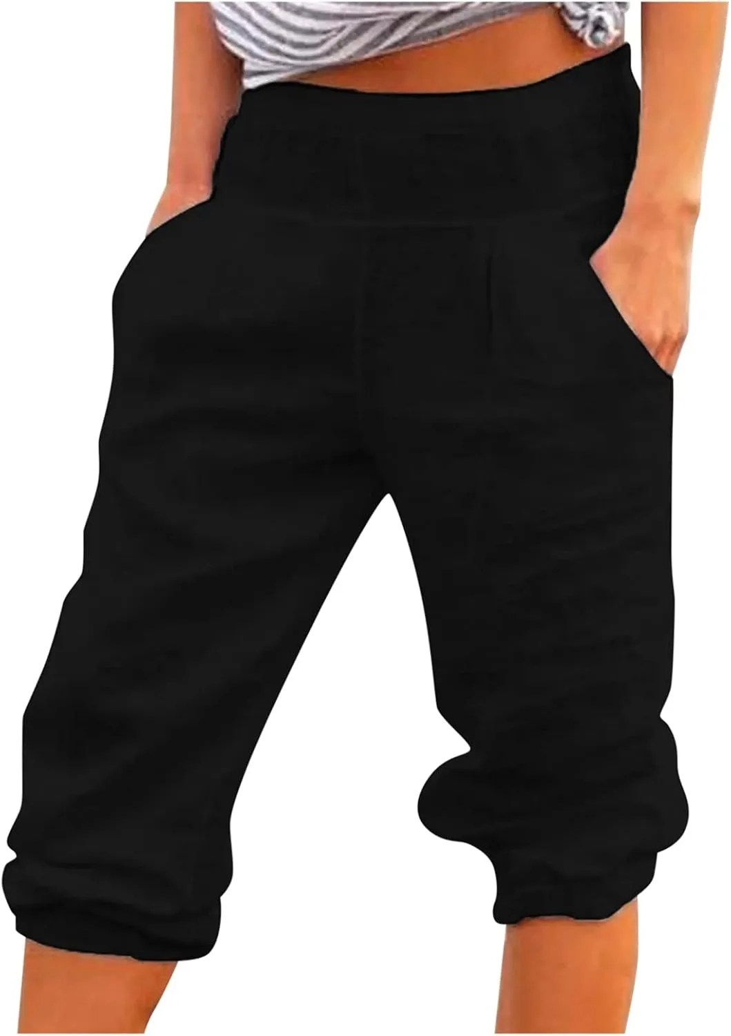 2024 Women's Soft Stretch Yoga Pants Summer Cotton Linen Capris Drawstring Workout Sweatpants Causal Lounge Pants Trousers