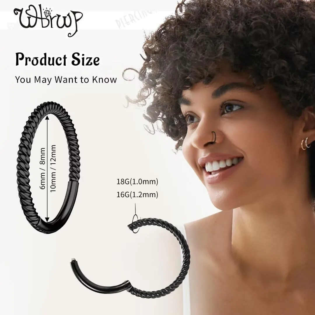 20G 18G 16G 14G Hinged Nose Rings Hoops: 2 Pcs Surgical Steel Seamless Twisted CZ Nose Rings Clicker for Septum Lip Piercing Cartilage Helix Tragus Conch Rook Daith Lobe Earrings 6mm 7mm 8mm 9mm 10mm 12mm Body Piercing Jewelry