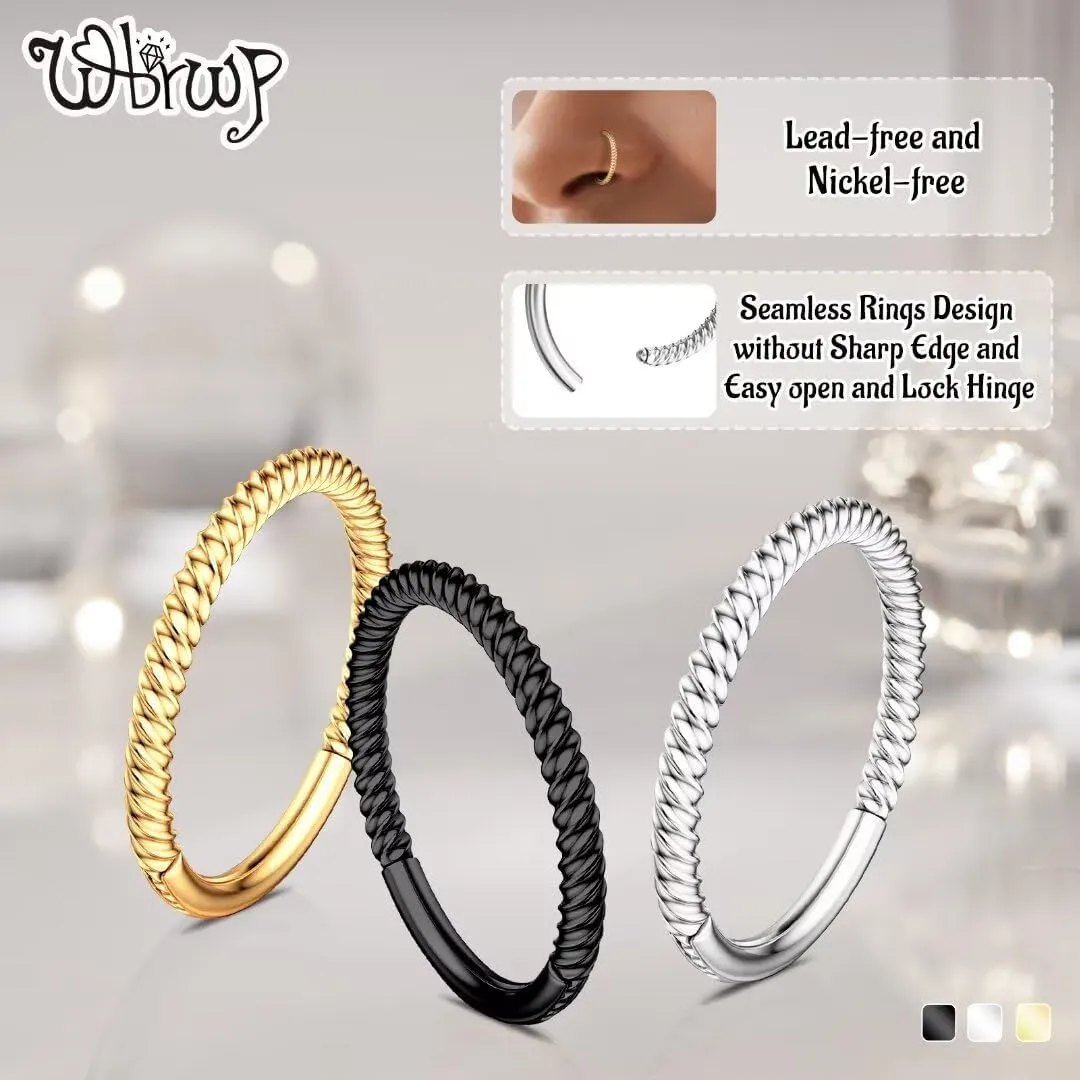20G 18G 16G 14G Hinged Nose Rings Hoops: 2 Pcs Surgical Steel Seamless Twisted CZ Nose Rings Clicker for Septum Lip Piercing Cartilage Helix Tragus Conch Rook Daith Lobe Earrings 6mm 7mm 8mm 9mm 10mm 12mm Body Piercing Jewelry