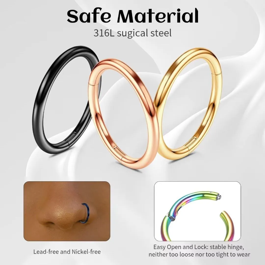 20G 18G 16G 14G Hoop Nose Rings: 7mm 8mm 9mm 10mm 12mm 2 Pcs Surgical Steel Septum Rings Clicker for Lip Cartilage Helix Tragus Conch Rook Daith Lobe Seamless Hoop Unisex Hinged Body Piercing Jewelry