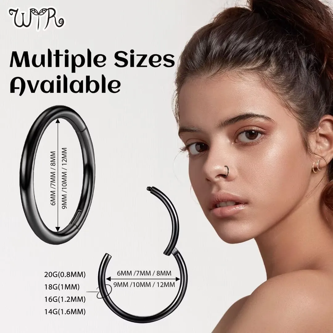 20G 18G 16G 14G Hoop Nose Rings: 7mm 8mm 9mm 10mm 12mm 2 Pcs Surgical Steel Septum Rings Clicker for Lip Cartilage Helix Tragus Conch Rook Daith Lobe Seamless Hoop Unisex Hinged Body Piercing Jewelry