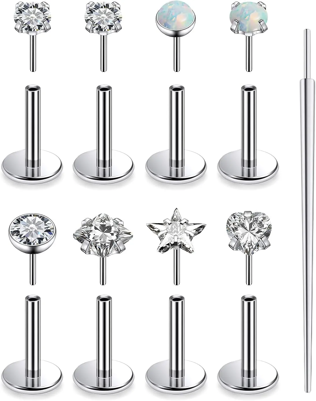 20G 18G 16G Threadless Push in Nose Rings Studs Flat Back Studs Earrings Surgical Stainless Steel Opal Nose Rings Stud Tragus Helix Conch Cartilage Earrings Piercing Jewelry For Women Men