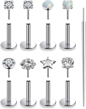 20G 18G 16G Threadless Push in Nose Rings Studs Flat Back Studs Earrings Surgical Stainless Steel Opal Nose Rings Stud Tragus Helix Conch Cartilage Earrings Piercing Jewelry For Women Men